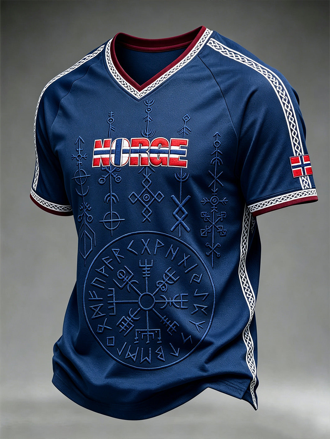 Herrerens retro vikingtrøye med norsk mønster og V-utringning
