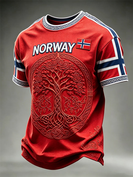 Herre-T-skjorte fra Norge med vikingmotiv, Livets tre og keltisk knute, trykket flagg og kortermet design