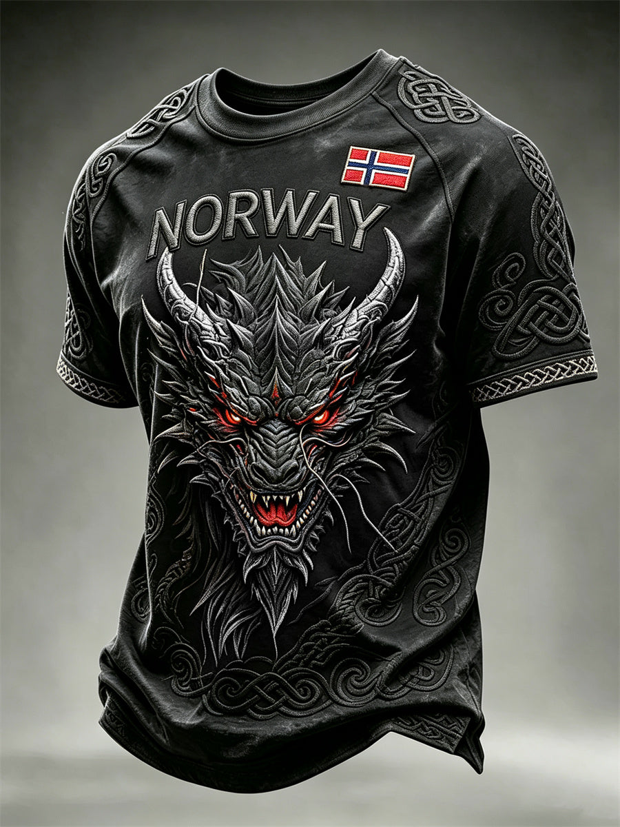 Herre-T-skjorte fra Norge med trykk av vikingdrage og keltisk knute, kortermet