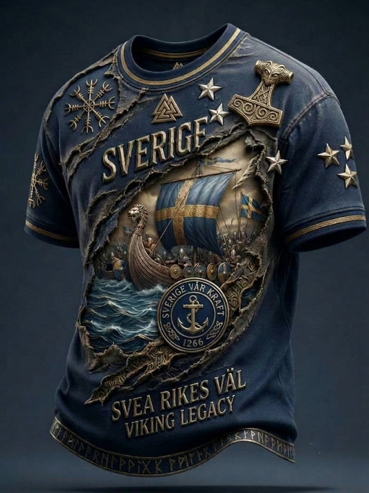Herrtröja i retrostil med svensk vikingmotiv och korta ärmar