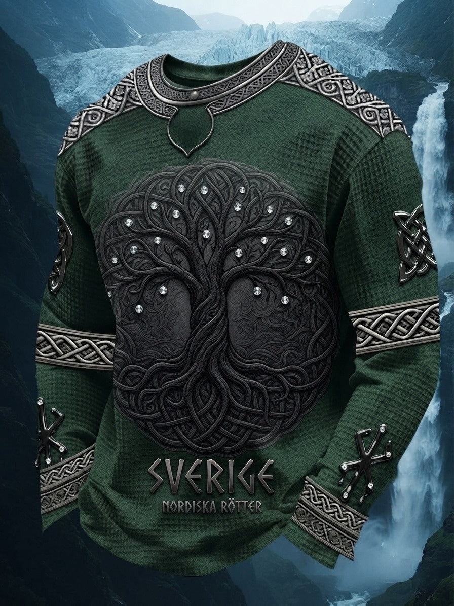 Herrtröja i retrostil med svensk vikingmotiv, långärmad och waffelmönstrad