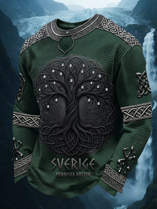 Herrtröja i retrostil med svensk vikingmotiv, långärmad och waffelmönstrad