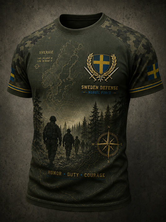 Herr-T-shirt med korta ärmar, kamouflagemönster och militärstilstryck