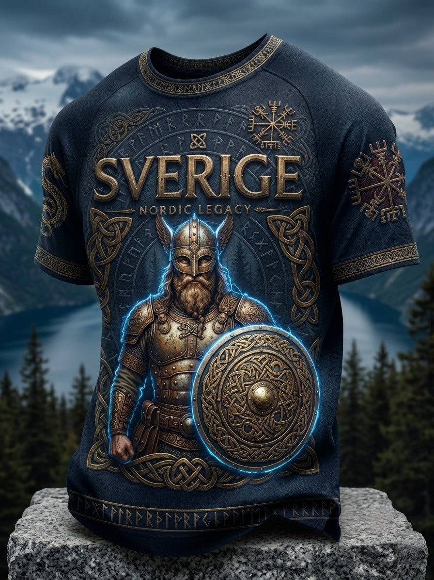 Herrtröja i retrostil med svensk vikingmotiv och korta ärmar