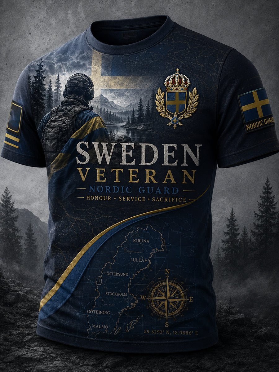 Mäns kortärm T-shirt med camouflage och militär-styla print