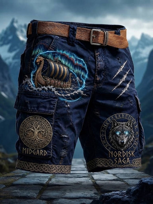 Herrshorts i retrostil med svensk vikingamotiv och stora fickor
