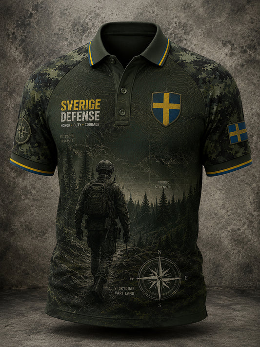 Herrpolotröja med korta ärmar och kamouflagemönster i militärstil