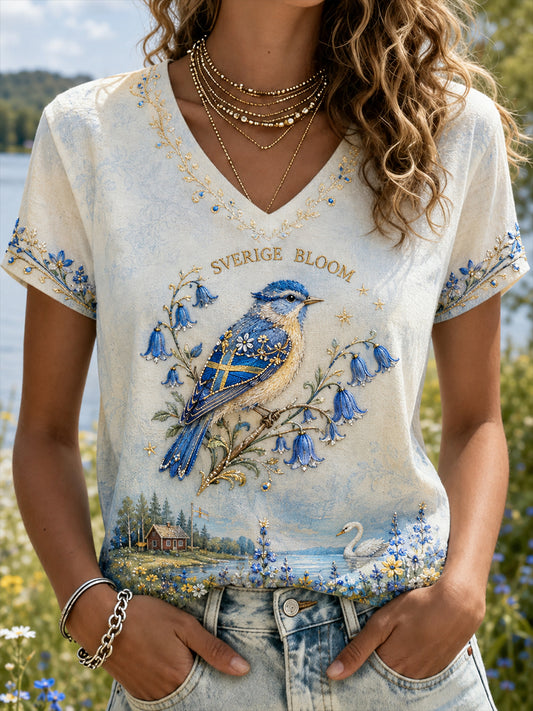 Dams T-shirt med V-ringning och djurmotiv på svenska