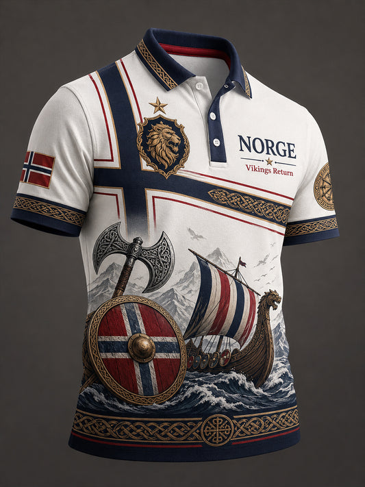 Menns polo-skjorte med norsk viking-inspirert patriotisk kunsttrykk