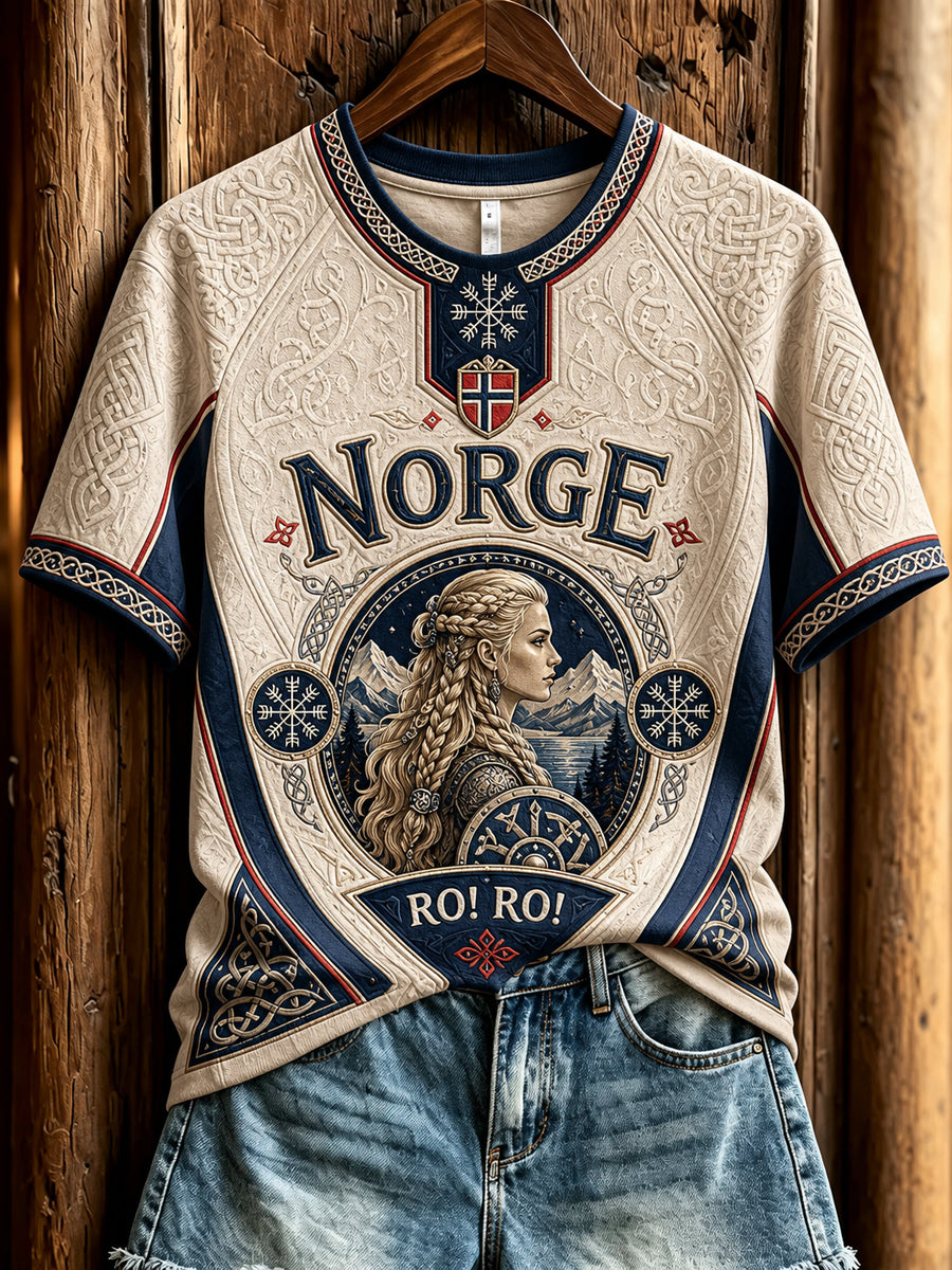 Kvinners retro norske vikingmotiv avslappet t-skjorte