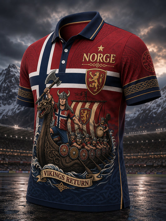 Menns polo-skjorte med norsk viking-inspirert patriotisk kunsttrykk