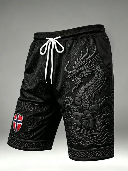 Herrer Norge Viking Drage og Skip Keltisk Knute Flaggetrykk Snøring Shorts