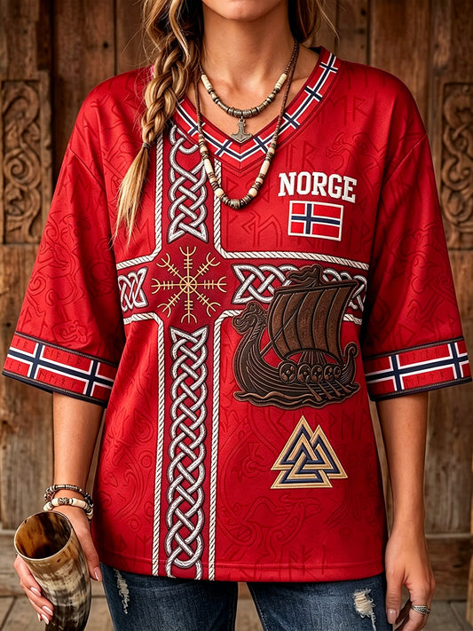 Kvinner Norge Vikingeskipskunst Flaggetrykk Midtlange ermer V-utringning T-skjorte