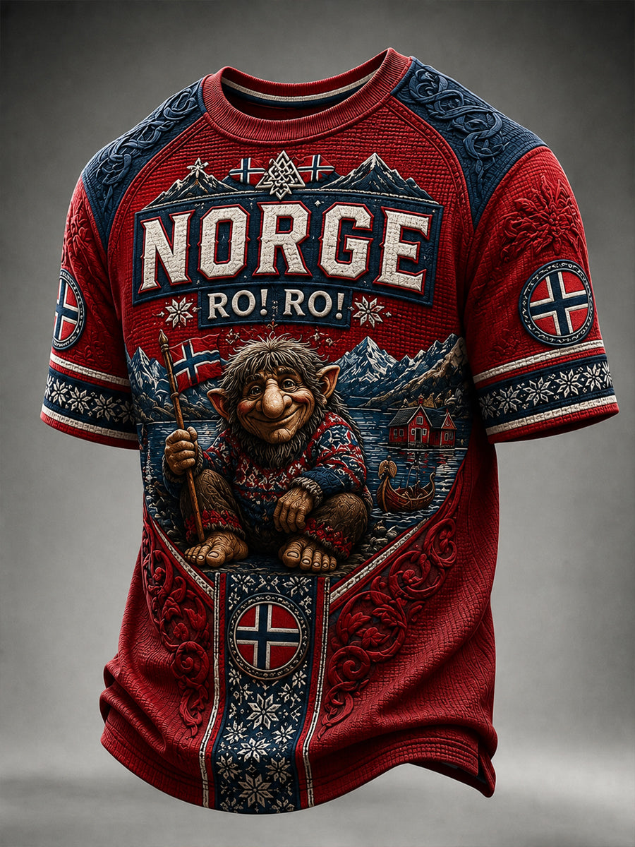 Retro norsk RO! RO! Troll Uformell Wafflevevd T-skjorte