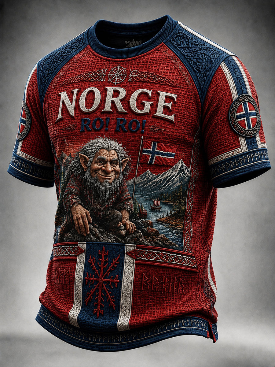 Retro norsk RO! RO! Troll Vafler-mønster Patchwork T-skjorte