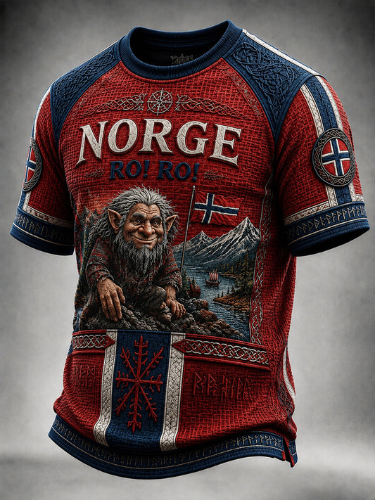 Retro norsk RO! RO! Troll Vafler-mønster Patchwork T-skjorte