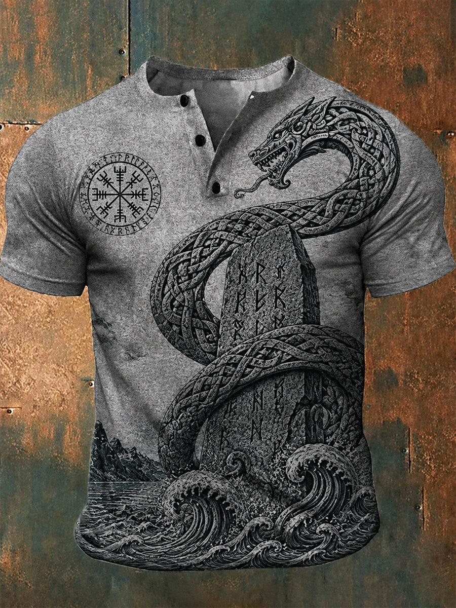 Retro nordisk vikingstil grafisk trykk avslappet Henley-skjorte
