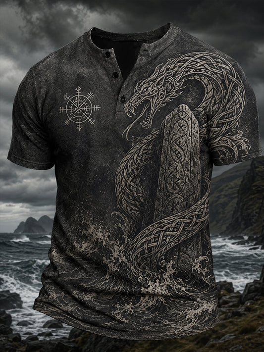 Retro nordisk vikingstil grafisk trykk avslappet Henley-skjorte
