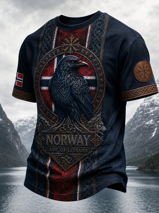 Uformelt T-skjort med vintage norsk viking- skandinavisk-nordisk stil kunsttrykk