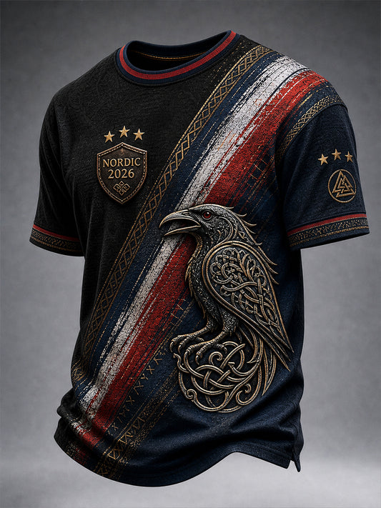 Uformelt T-skjort med vintage norsk viking- skandinavisk-nordisk stil kunsttrykk