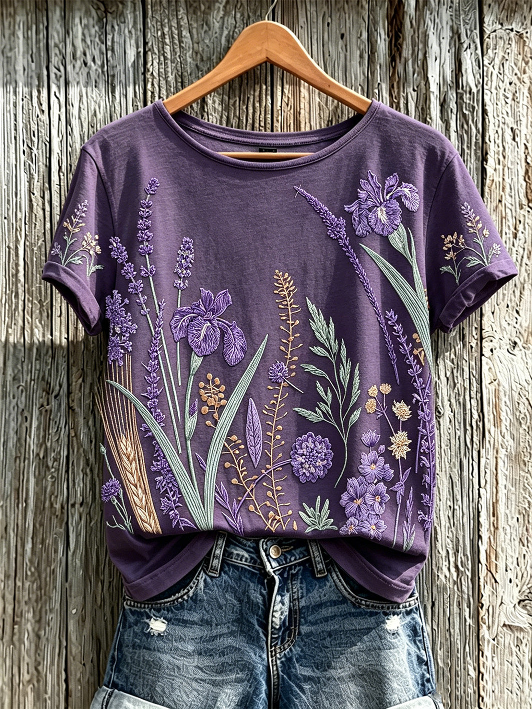 Kvinnors lila växt blomma mönster tryckt casual T-shirt