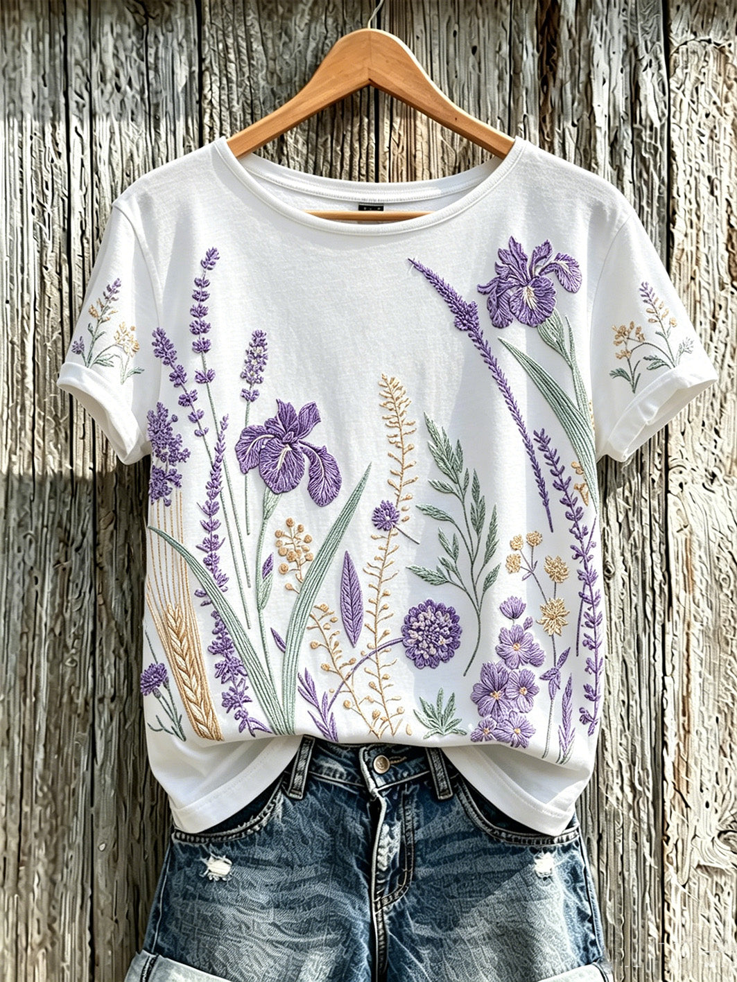 Kvinnors lila växt blomma mönster tryckt casual T-shirt