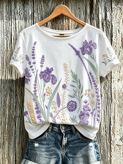 Kvinnors lila växt blomma mönster tryckt casual T-shirt