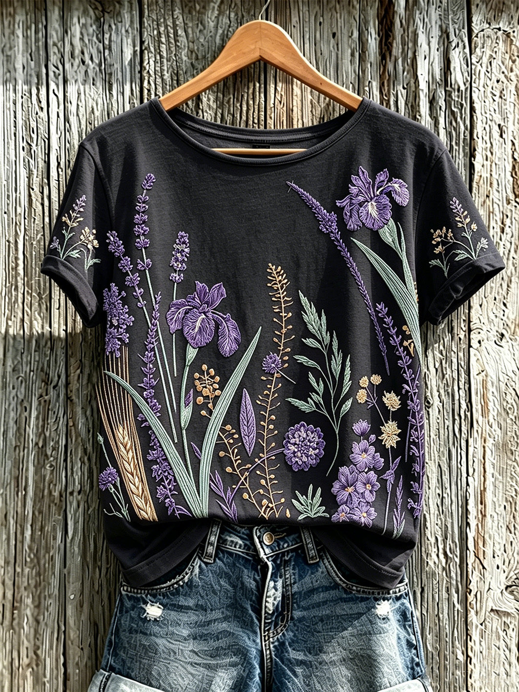 Kvinnors lila växt blomma mönster tryckt casual T-shirt