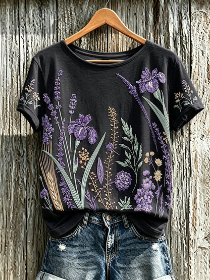 Kvinnors lila växt blomma mönster tryckt casual T-shirt