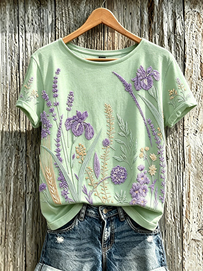 Kvinnors lila växt blomma mönster tryckt casual T-shirt