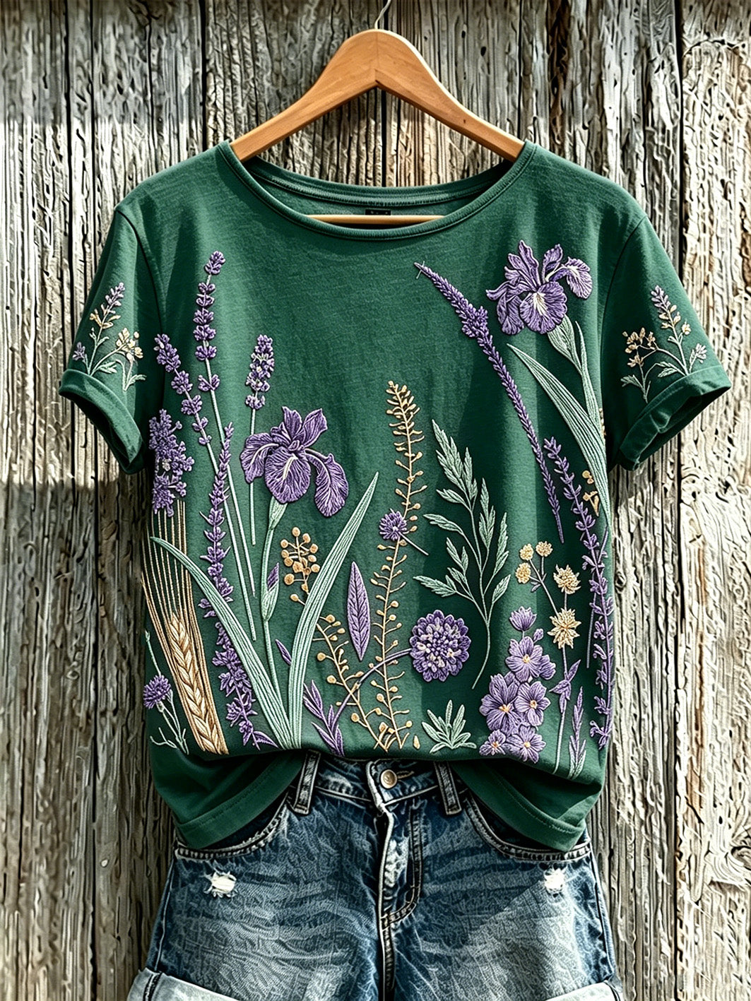 Kvinnors lila växt blomma mönster tryckt casual T-shirt