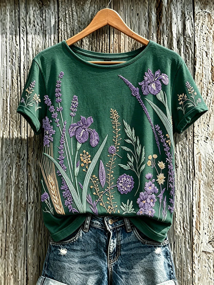 Kvinnors lila växt blomma mönster tryckt casual T-shirt