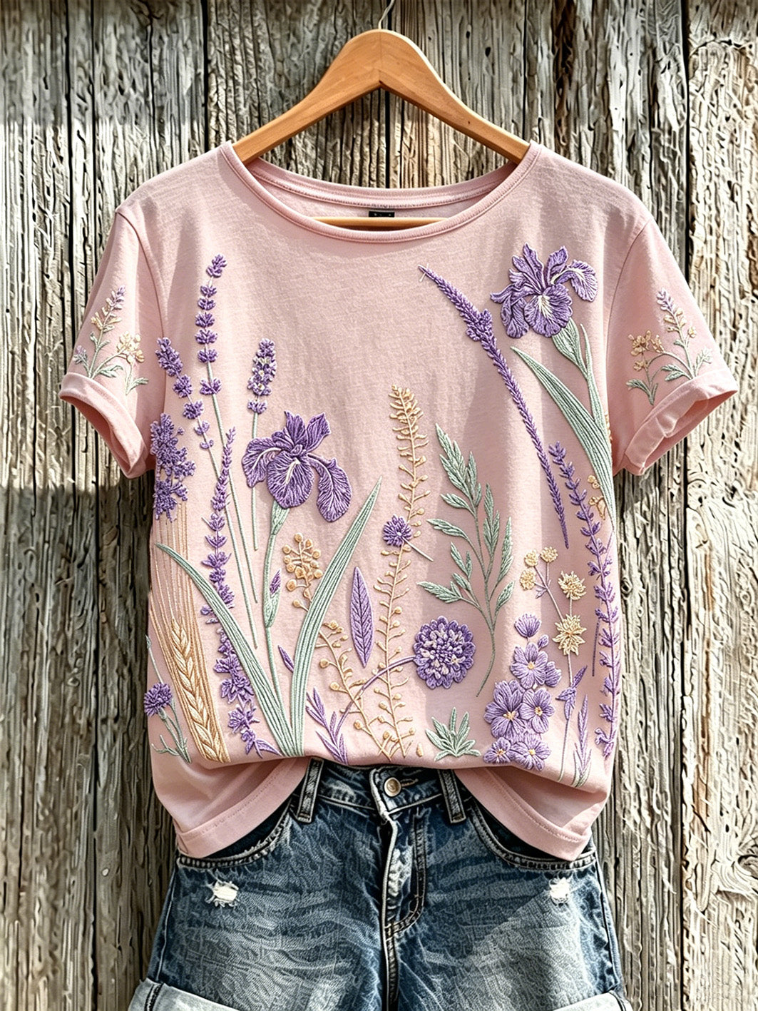 Kvinnors lila växt blomma mönster tryckt casual T-shirt