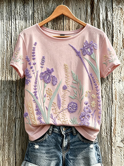 Kvinnors lila växt blomma mönster tryckt casual T-shirt