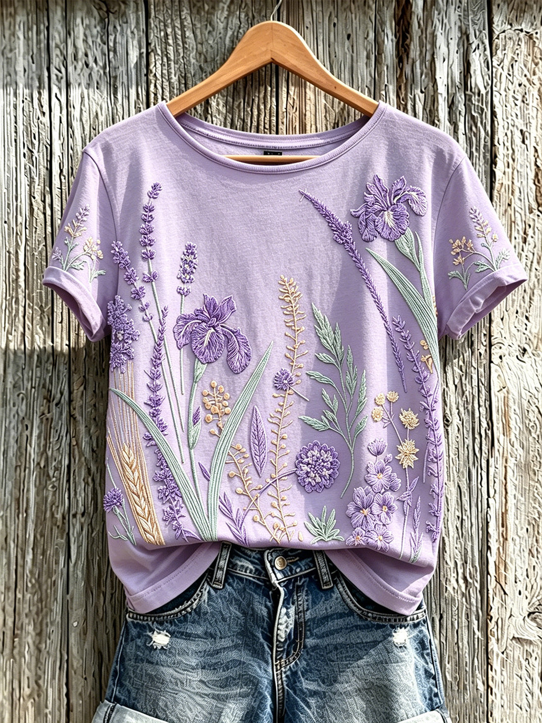 Kvinnors lila växt blomma mönster tryckt casual T-shirt