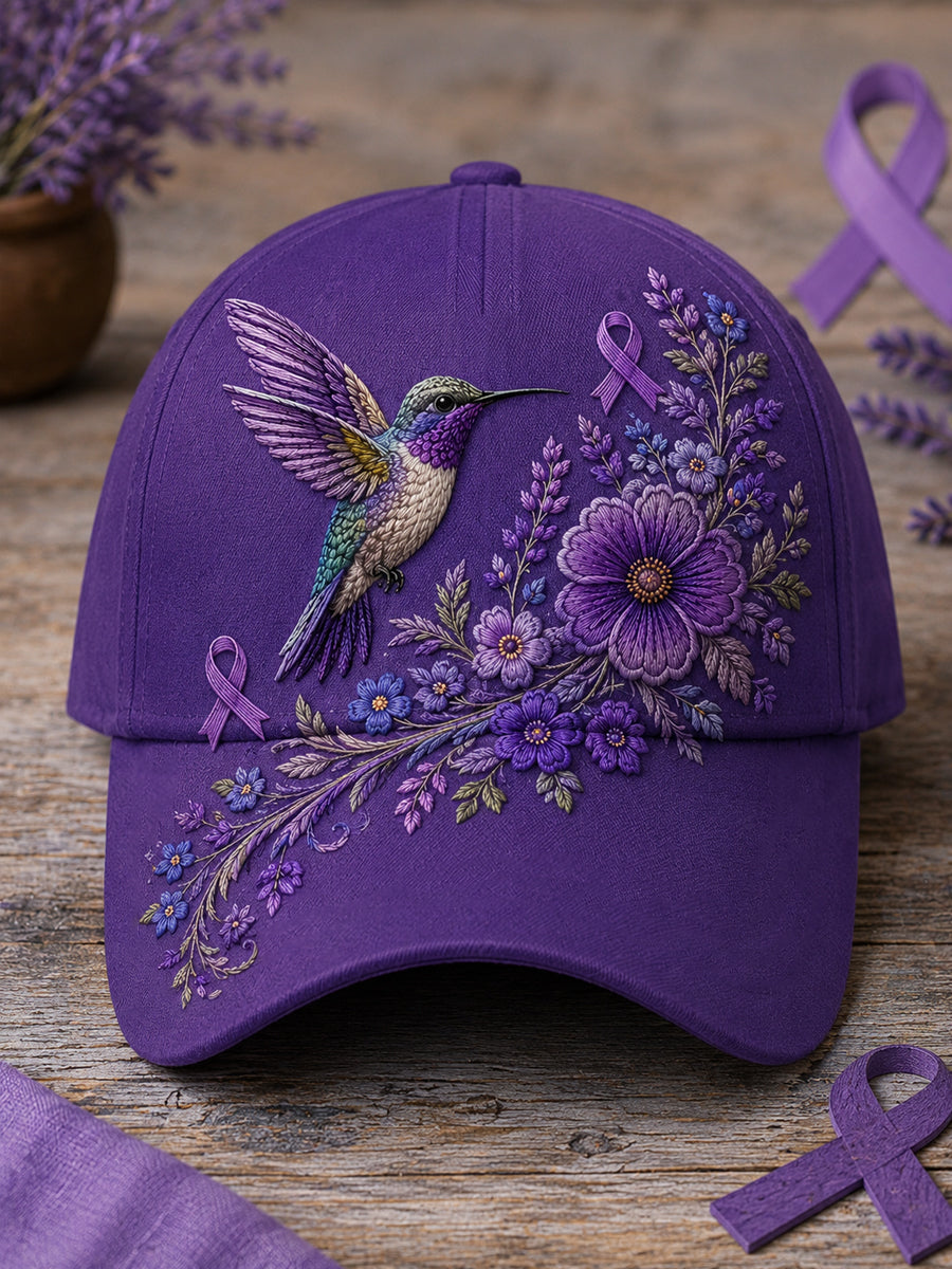Unisex Purple Floral & Hummingbird Skriv ut Alzheimers medvetenhet Support Hat