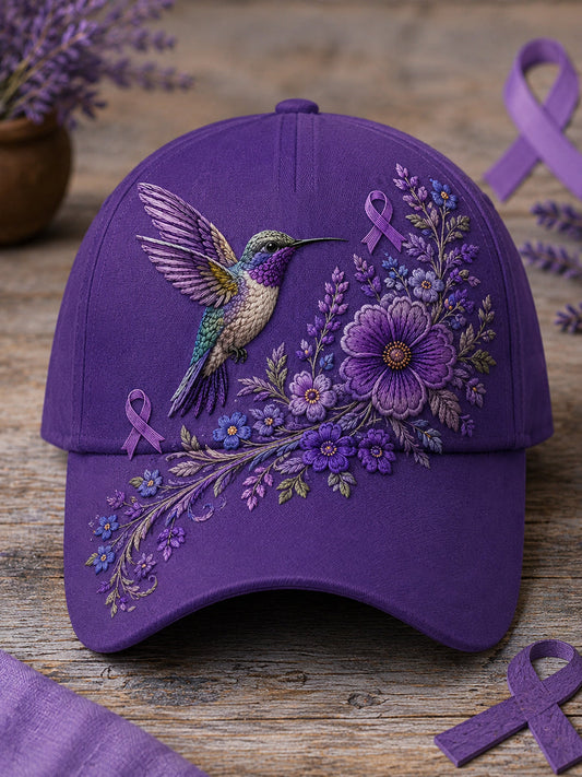 Unisex Purple Floral & Hummingbird Skriv ut Alzheimers medvetenhet Support Hat
