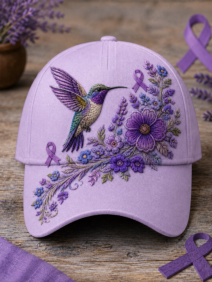 Unisex Purple Floral & Hummingbird Skriv ut Alzheimers medvetenhet Support Hat