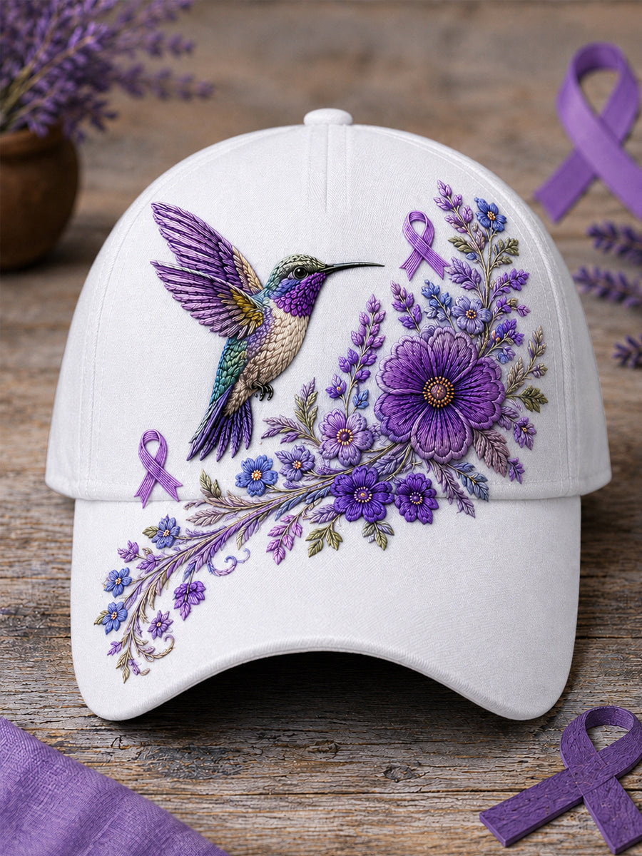 Unisex Purple Floral & Hummingbird Skriv ut Alzheimers medvetenhet Support Hat