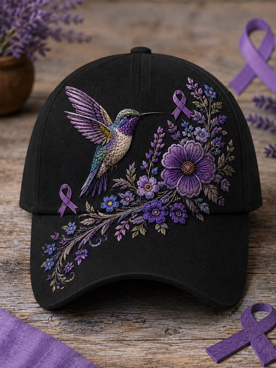 Unisex Purple Floral & Hummingbird Skriv ut Alzheimers medvetenhet Support Hat