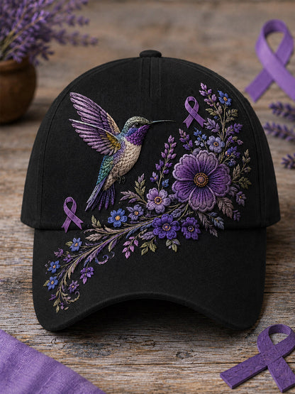 Unisex Purple Floral & Hummingbird Skriv ut Alzheimers medvetenhet Support Hat