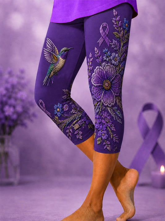Kvinnors lila blommor & Hummingbird Skriv ut Alzheimers medvetenhet Stöd beskärda Leggings