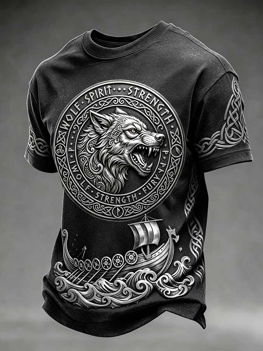 Mansvintage-T-shirt med vikingavargtryck