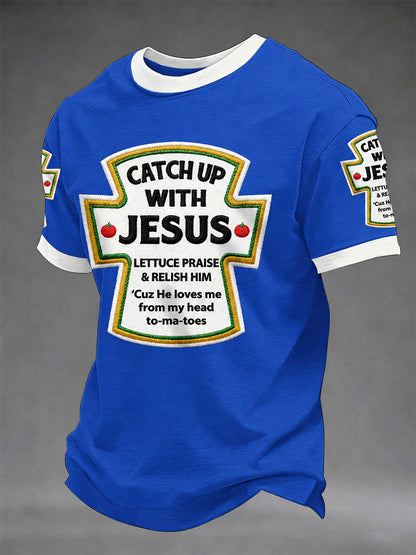 Mäns komma upp med Jesus Print Casual Tee