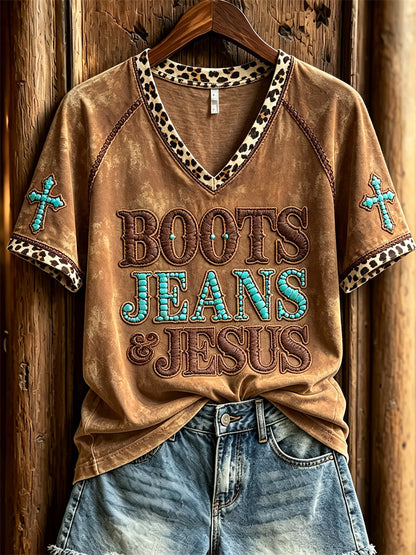 Kvinnors Vintage stövlar Jeans & Jesus Western Cross Leopard Skriv ut kortärmad T-shirt