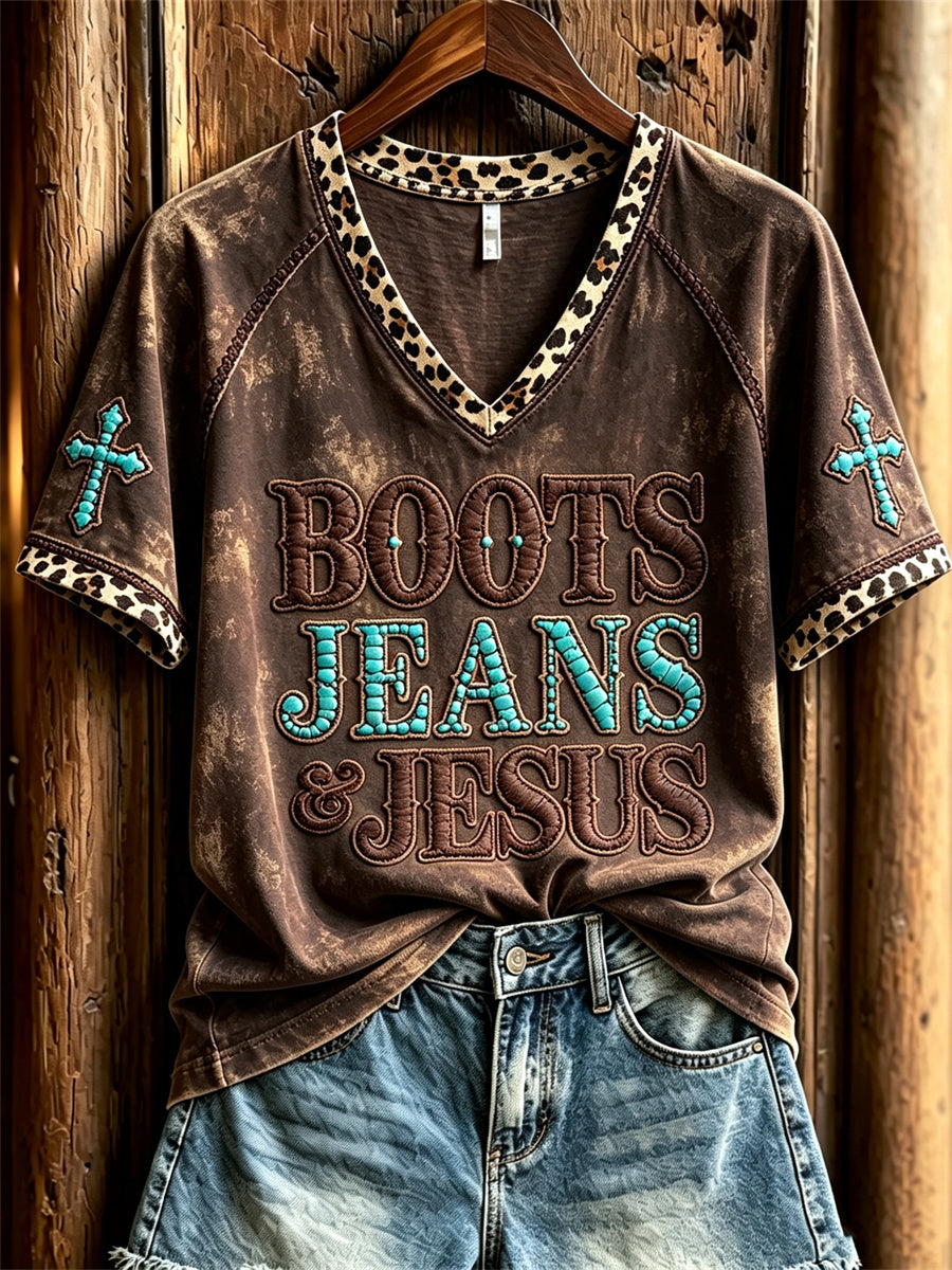 Kvinnors Vintage stövlar Jeans & Jesus Western Cross Leopard Skriv ut kortärmad T-shirt