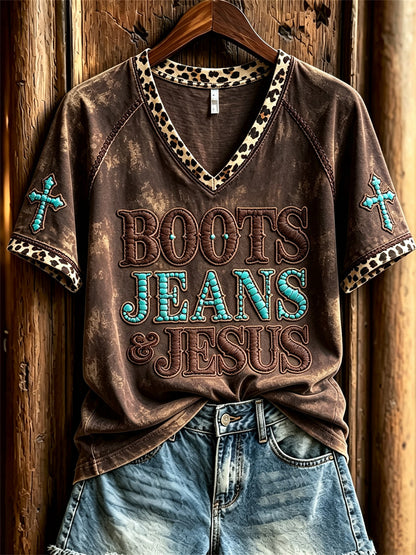 Kvinnors Vintage stövlar Jeans & Jesus Western Cross Leopard Skriv ut kortärmad T-shirt