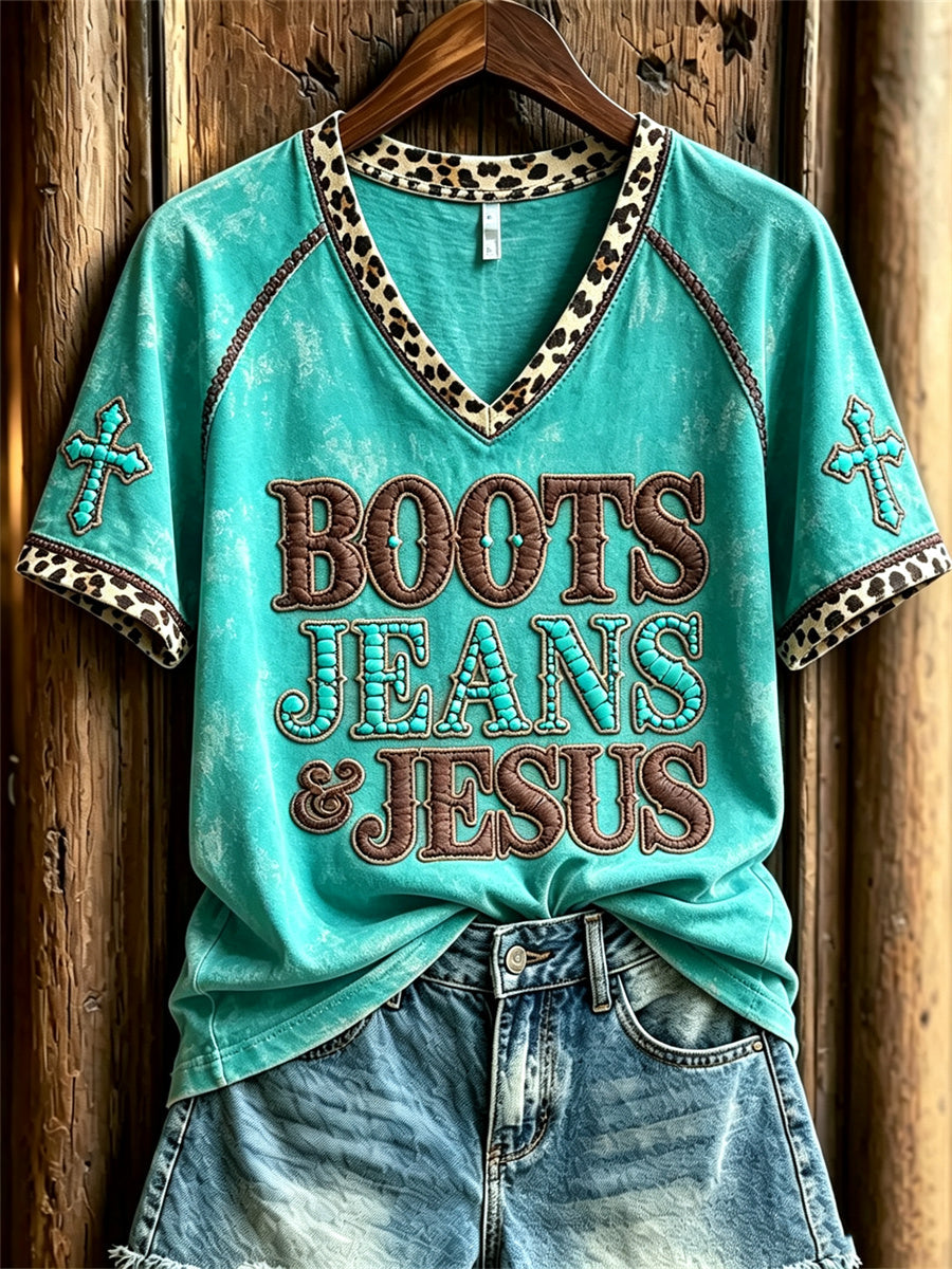 Kvinnors Vintage stövlar Jeans & Jesus Western Cross Leopard Skriv ut kortärmad T-shirt