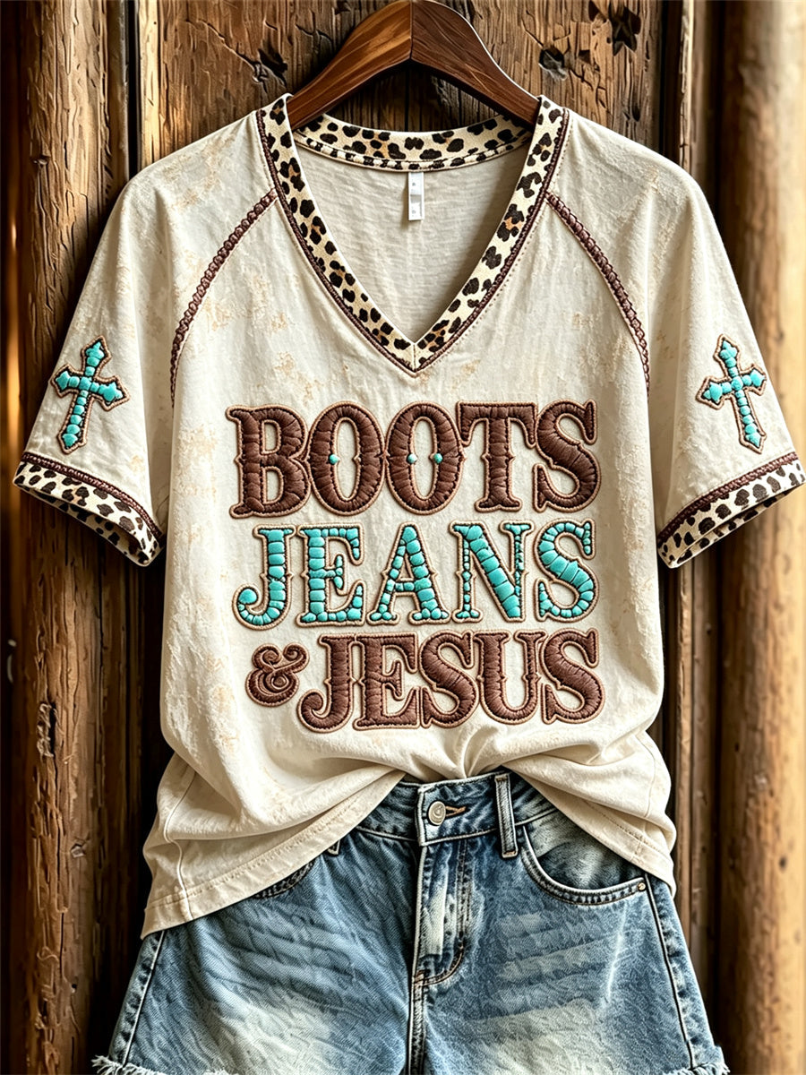 Kvinnors Vintage stövlar Jeans & Jesus Western Cross Leopard Skriv ut kortärmad T-shirt