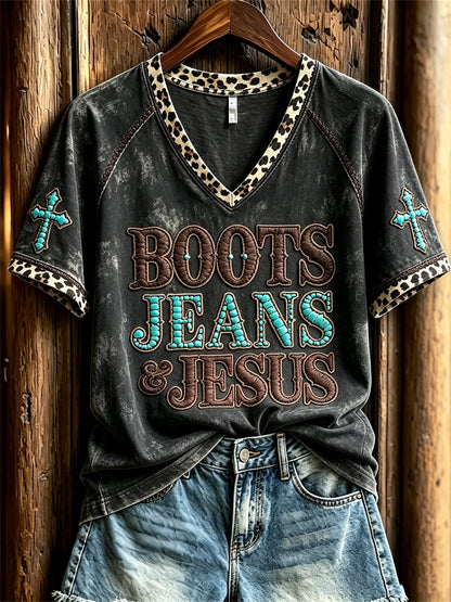 Kvinnors Vintage stövlar Jeans & Jesus Western Cross Leopard Skriv ut kortärmad T-shirt